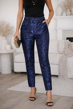 VICHY Navy Metallic Floral Pants Womens Small High Rise Slim Fit Dressy NWT